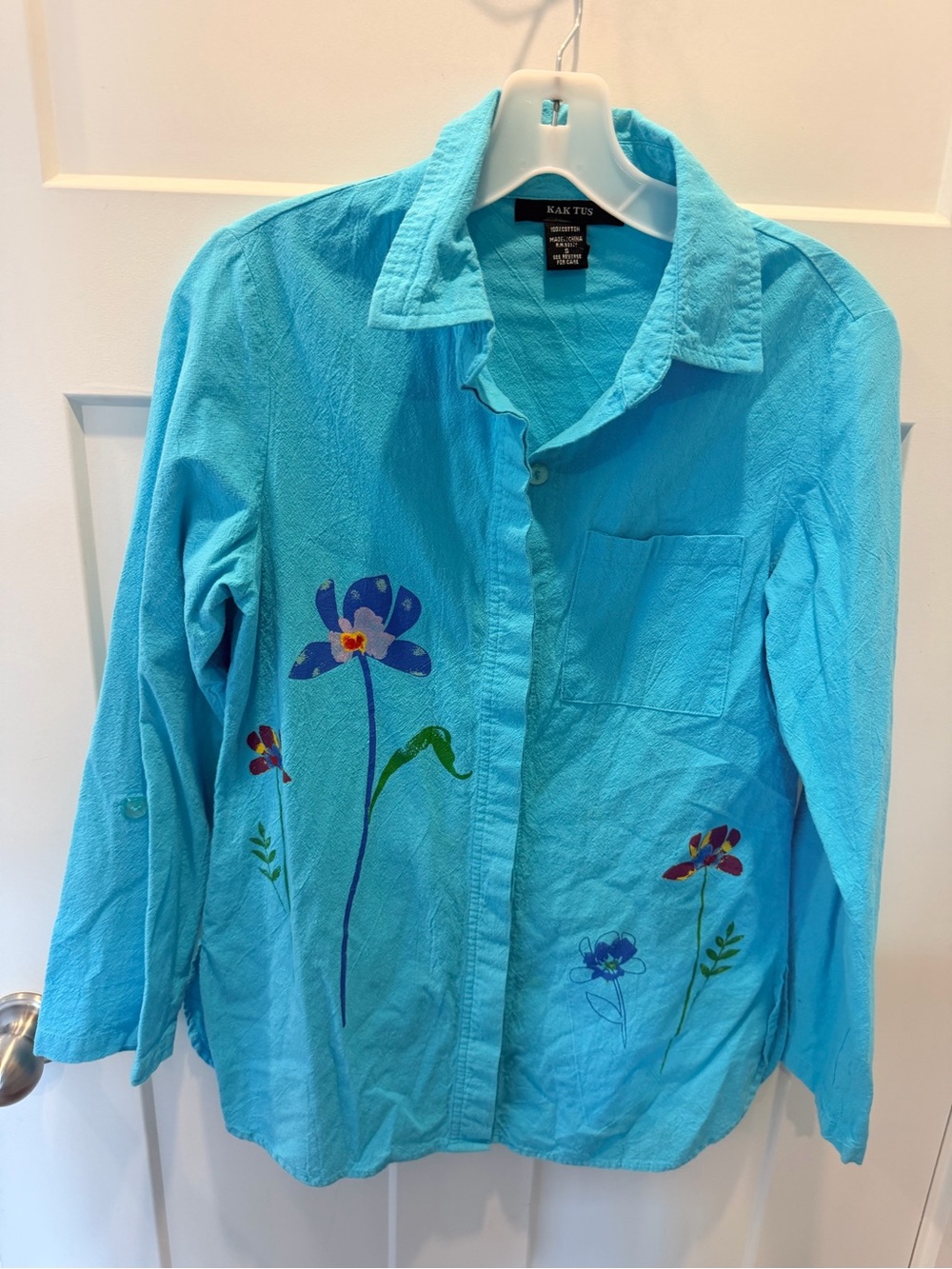 Kaktus Turquoise Floral Cotton Button Down Roll Tab Shirt Small